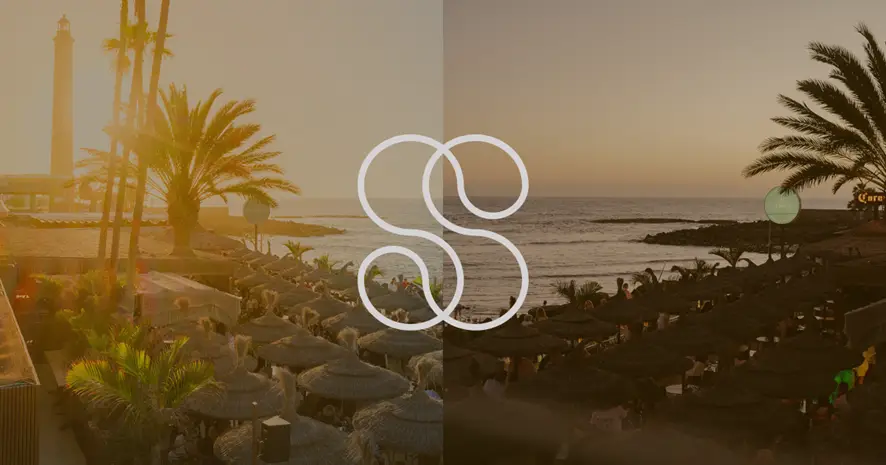 Díptico de la terraza de El Senador con sombrillas de paja y vistas al mar al atardecer, con el logo del restaurante superpuesto